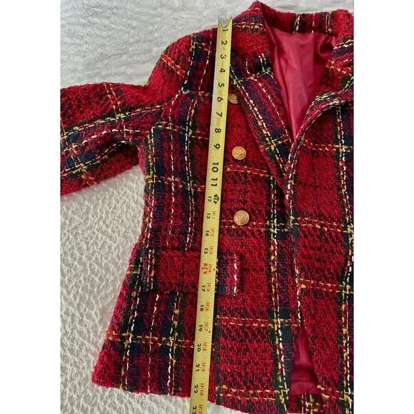 Red Tweed Style Open Front Jacket-Gold Button Detail Bouclé Knit Blazer |Medium - Picture 7 of 12